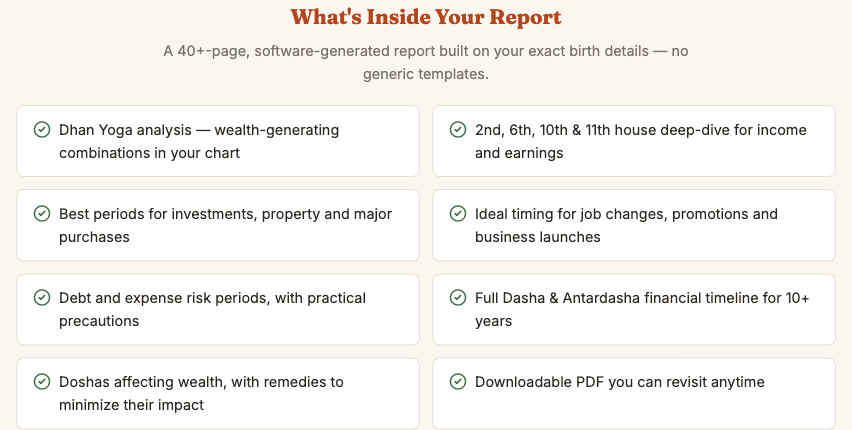 What's inside a Vedic Kundali PDF report — Dhan Yoga, house analysis, Dasha timeline, doshas